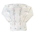 Vintage 90s Sellecca Embroidered Floral Pearl Sweater Size Small White Photo 0