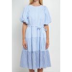English Factory PUFF SLEEVE MIDI DRESS Size Medium Tiered Blue Stripe Belted Photo 9