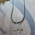 Handmade Y2K Punk Silver Black Cross Flower Leaves pendant PU leather necklace Photo 4