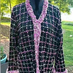 Vintage Pink Poodle Cardigan Sweater Black Pink Plaid Fringe 3x Retro Chic Fun Size XL Photo 0