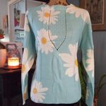 Miss Sparkling Aqua Blue & White Daisy Print Openwork Pull Over Sweater Size M Photo 1