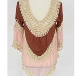 GORGEOUS M/L Brown/Pink Ivory Crochet Beach Pool Cover Up Hi Lo Hem Boho Hippie Pink Size M Photo 0