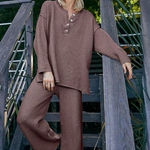 Free People  Beach Hailee Sweater Waffle Knit Wide Leg Pants in Brown XS Photo 0