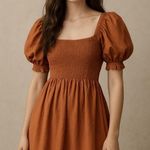 Kourt Smocked Mini Dress Puff Sleeve Rust burnt orange Size Small Photo 0