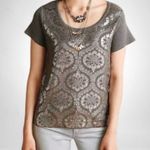 Anthropologie Moth by Grey Cotton Sweater with Silver Appliqué Baroque Design, S Photo 9