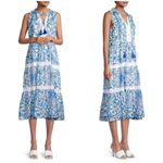 Johnny Was 💕💕 Aster Tiered Midi Dress 100% Linen ~ Blue Floral Print Small Photo 4