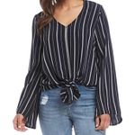 Karen Kane  Striped Sky Country Flare Sleeve High-Low Blouse Navy Women's Small Photo 0