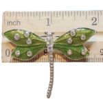 Green and Silvertone Dragonfly Brooch with Rhinestones Photo 2