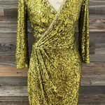 Theia Green Sequin Mesh Faux Wrap MIDI Dress 3/4 Length Sleeve Size 4 NWT Photo 0