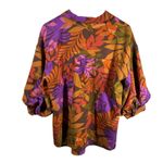 Oddy Top Women S NWT Orange Purple Floral Puff 3/4 Sleeve Button Up Spring Palm Photo 1