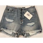 Kancan Distressed Denim Shorts Frayed Hem High Rise Button Fly Size S NWT Blue Photo 3