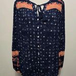 Wonderly  Blouse PS Petite Small Navy Floral Tie Neck Long Sleeve Bohemian Photo 1
