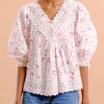 ByTimo Floral Pink Rose Eyelet Cotton V Neck Peasant Blouse Women’s Sz L White Size L Photo 0
