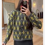 ZARA NWT Argyle Heavy Knit Cardigan Jumper Grey Green Yellow Wool Blend Photo 4