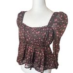 ASTR the Label Floral Print Smocked Babydoll Top Brown Pink Ditsy Med Milkmaid Photo 5