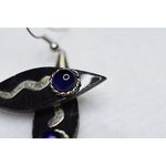 Unique Art Deco Black Glass Blue Rhinestone Silver Tone Dangle Hook Earrings Photo 1