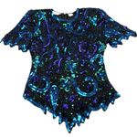 Laurence Kazar  Size Medium Silk Top Heavily Beaded Blue Teal Black Made in India Photo 0