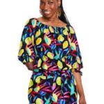 Women's Lemon Print Bardot Top Tabitha Brown 3/4 Sleeve XL Black Photo 0