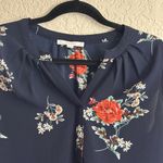 Fun 2 Fun Navy Blue Multicolor Small Floral Short Cap Sleeve Split V-Neck Blouse Photo 3