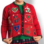 Vintage Christmas Cardigan Knit Sweater Red Green Applique Hearts Petite Large Size undefined Photo 8