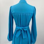 Vintage 70s Maxi Shirt Dress Long Bishop Sleeve Button Front Pleated Belted Blue Size 4 Photo 6