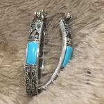 Turquoise Marcasite Sterling Silver Oval Hoop Saddle Back Earrings Blue Photo 2