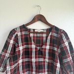 Loft Womens Shirt Blouse Red Black Plaid Puff Sleeve V Neck Size Medium Photo 2