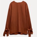 ZARA Rust Oversized Blouse with Long Sleeves and Tie Front Photo 3