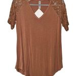 Zenana Outfitters Signature Light Brown Lightweight Lace Sleeves Top Large Photo 0