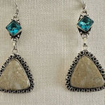 Tan and blue rhinestone silver tone triangle drop earrings Photo 0