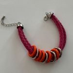 Boho Chic Colorful Bracelet Pink Braided Cords W Orange & Silver Rings Photo 2
