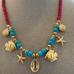 Blue Turquoise Color Stainless Steel Fish Shell Pendant Red Bead Neck Photo 1