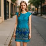 Venus Scallop Neck Sheath Midi Dress Teal Paisley Cap Sleeve Size 4 Professional Photo 13