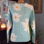 Miss Sparkling Aqua Blue & White Daisy Print Openwork Pull Over Sweater Size M Photo 5