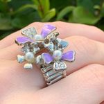 Silver & Purple Elastic Band Flower Ring w/ Faux Pearls & Diamond Gems Photo 1