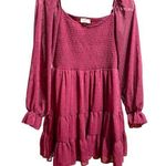 Altar'd State Altar’d State Women’s Vibrant Burgundy Babydoll Tiered Long Sleeve Dress Sparkle Photo 0