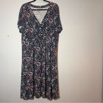 LL Bean Summer Knit Dress Midi Blue Floral Short Sleeve Faux Wrap Deep V Size 2X Photo 5