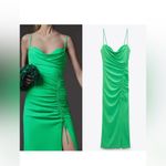 ZARA  XS GREEN MIDI DRESS WITH DRAPED DETAIL Ruched Tie Slit Christmas Party Photo 4
