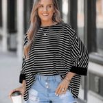 Casual Loose Fit Striped Batwing Oversized Shirt White Photo 4