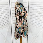 Angie Boho Floral Lace Trim Neck Tunic Blouse Black Multi Medium Photo 2