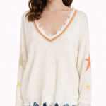 Hem & Thread  Star Knit V-Neck Sweater Distressed Hem Boho Cozy Photo 0