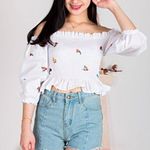 ZARA Womens Chocolate USA Floral Embroidered Off Shoulder Crop Top - Sz M Photo 0