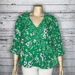 Cato Size XL Green & White Floral Print Ruffle Trim V-Neckline Wrap Blouse Top Photo 0