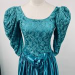 Vintage 80s Lace Satin Fit & Flare Midi Dress Puff Sleeve Rosette Teal Womens 0 Blue Photo 2