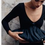 ZARA NWOT Navy Blue Long Sleeve Deep V-Neck Peplum Crop Top Blouse Photo 3