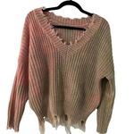 Main Strip  Cropped V-Neck Sweater Distressed Hem Two-Toned Pink Tan Photo 0