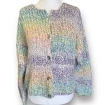 Knit Cardigan Sweater Pastel Ombré Fuzzy Rainbow Chunky Loose Knit Crewneck Purple Size L Photo 3