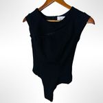 Alieva Black Sleeveless Asymmetrical Neck Bodysuit Workwear Going Out Photo 2