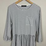 Merokeety  Midi Dress Womens Large Black White Stripe 3/4 Sleeve‎ Pockets Stretch Photo 2