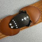 Anthropologie Elastic Belt Womens Size Medium Brown Brass Rhinestone Frog Scarab Photo 2